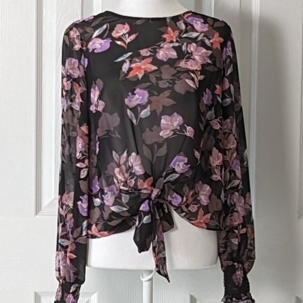 BAR III Women's Long Sleeve Blouse Top  Size M  Black Multi Floral Print